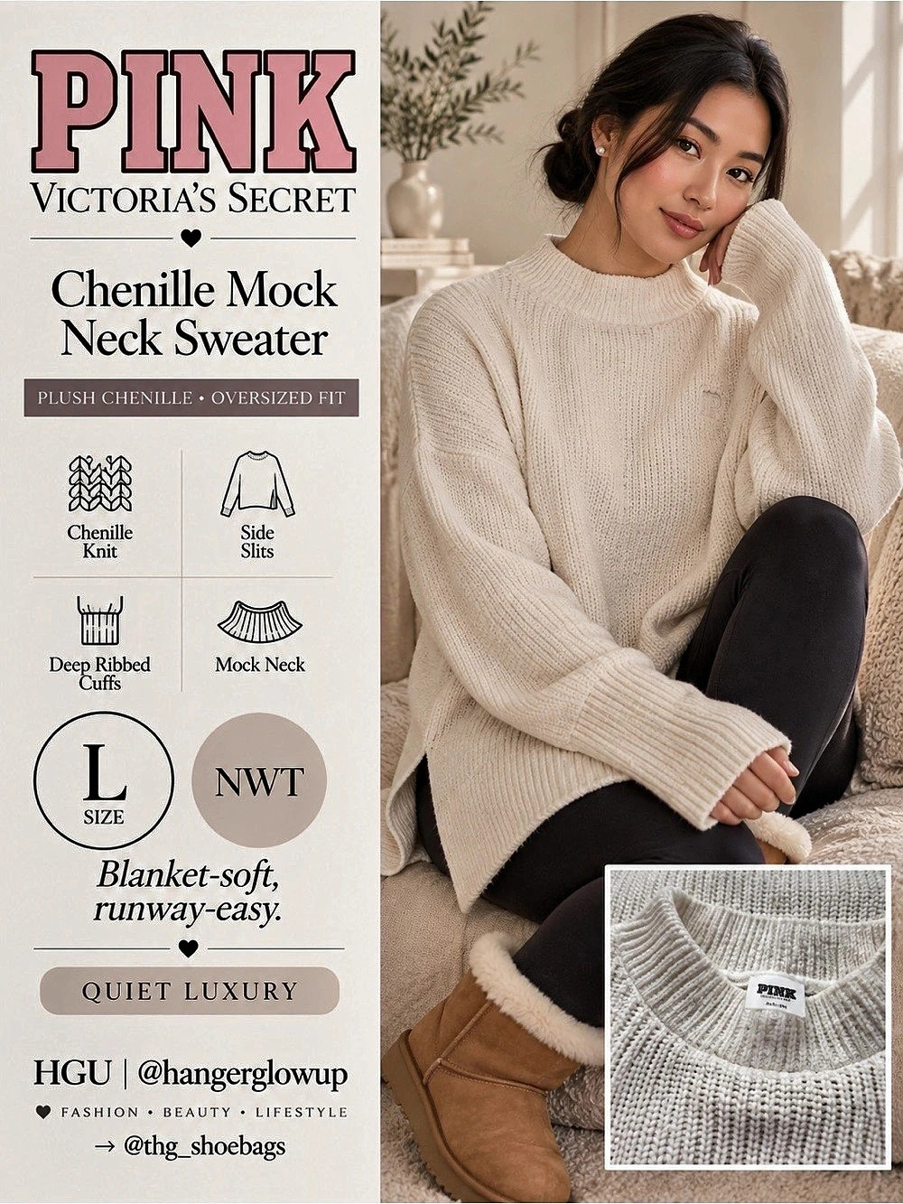 PINK Victoria’s Secret Chenille Oversized Sweater Ivory L NWT